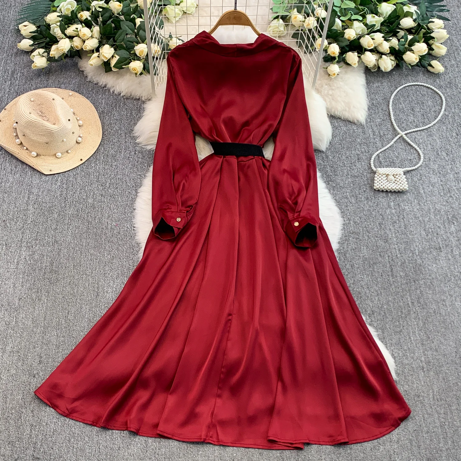 Chic vintage long sleeve V-neck solid dress Fairy korean fashion Boho Sundress women clothing