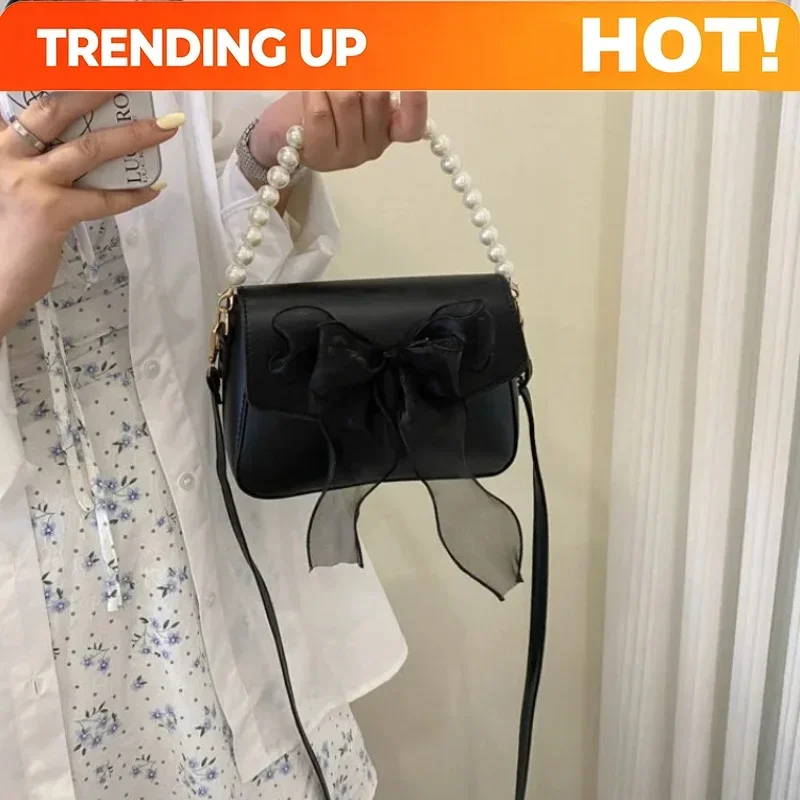 Fashion Lace Bow Single Shoulder Handbag, Korean Fairy Gentle Style Pearl Crossbody Bags, Versatile For Commuting And Banquets