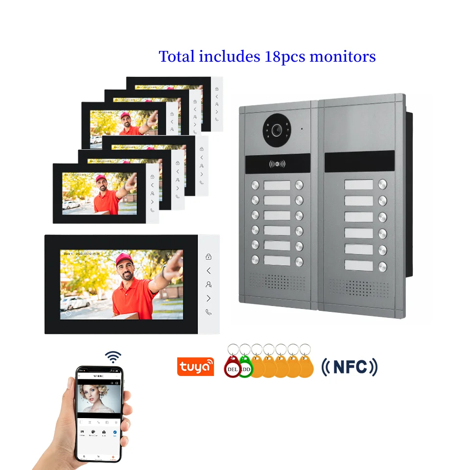 7" Tuya Smart Building Video Intercom For 6-24 Units Apartments NFC RFID Unlock 1080p Video Doorbell Video Door Phone System