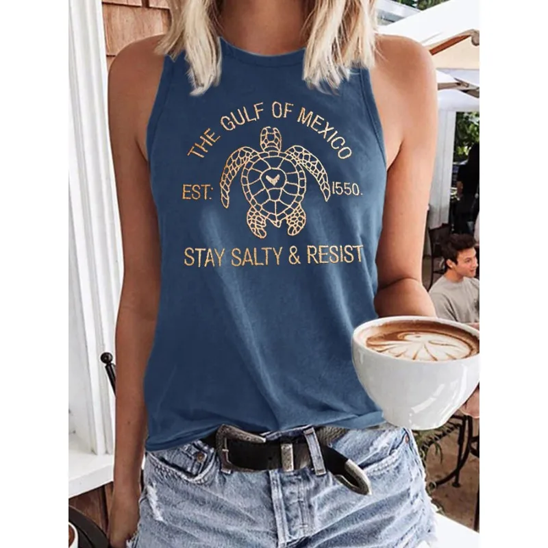Women's Gulf of Mexico Turtle Print Round Neck Sleeveless Summer Casual Tank Top