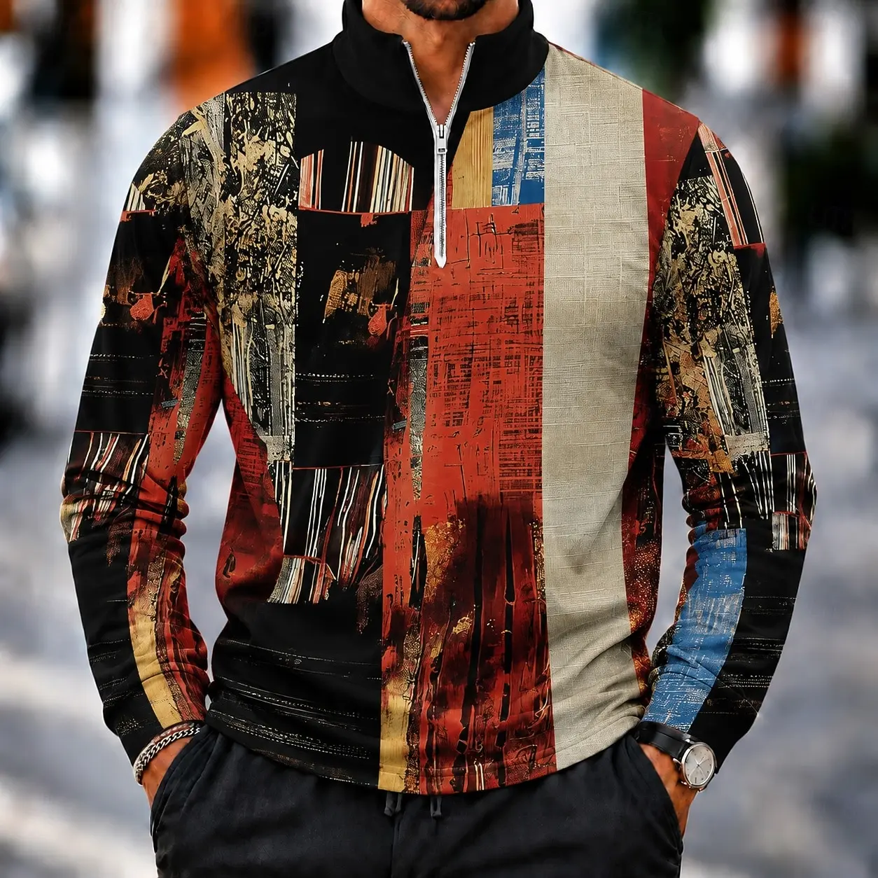 Men 1/4 Zip Sweatshirt Retro Color Block Art Stitching Print Casual Long Sleeve Tops