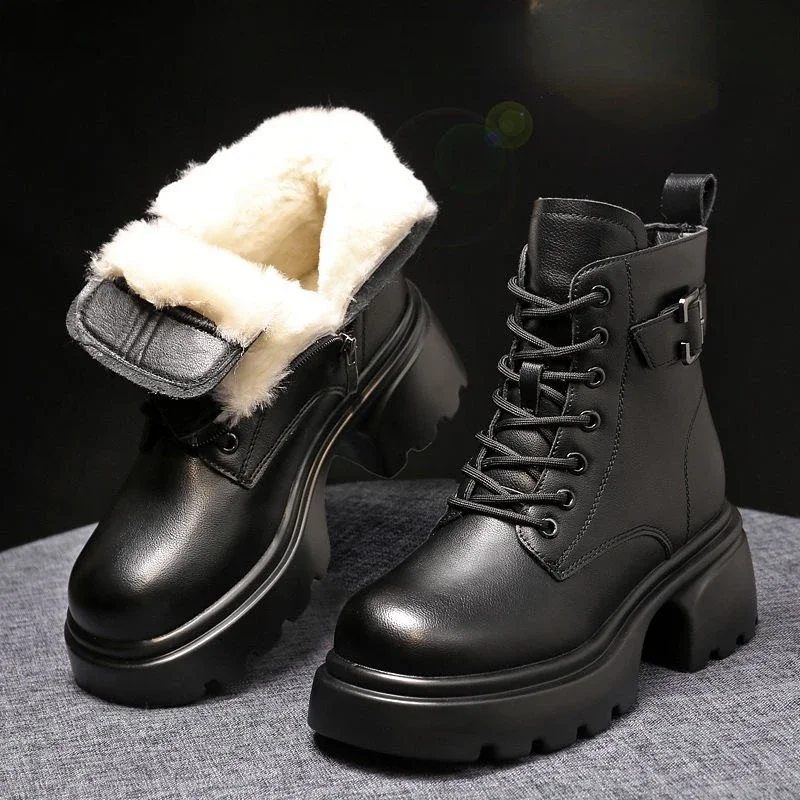 

Women Shoes Boots Ankle 2024 New Autumn British Wind Genuine Leather Thick With Fur Ladies Short Boots Motorcycle heels boots