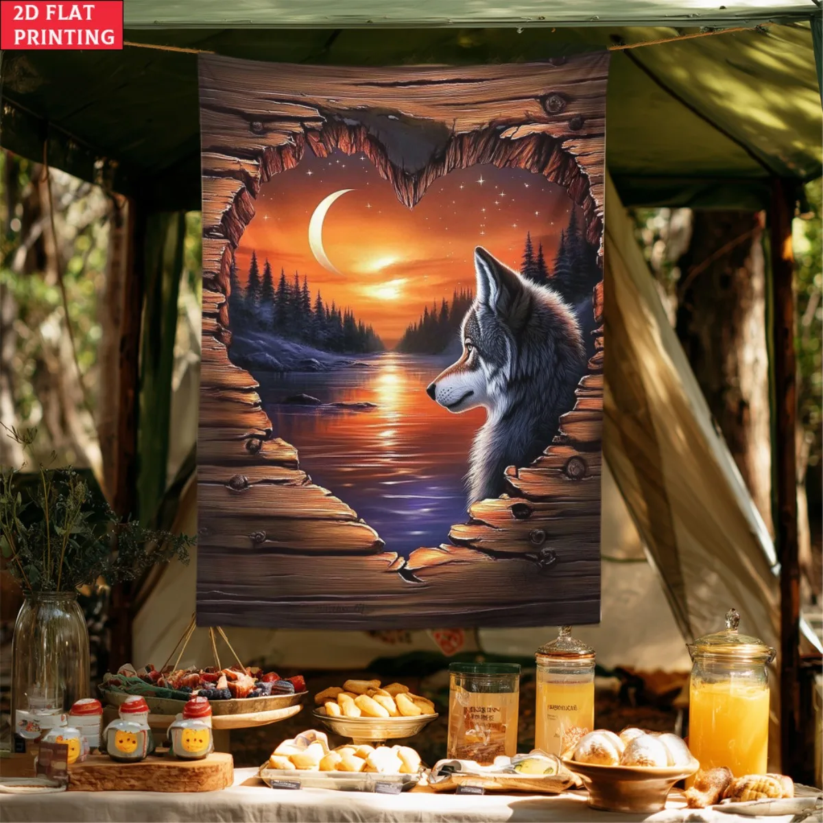 unframed Wolf Heart Shape Sunset Tapestry Animal Love Nature Art Wall Hanging For Living Room Romantic Decor