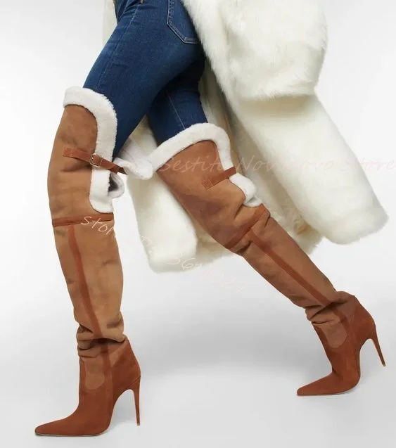 

Pointed Toe Winter Warm Snow Boots Stiletto Heels Mixed Color Suede Belt Buckle Decor Lamb Wool Over The Knee Boots Sexy Ladies