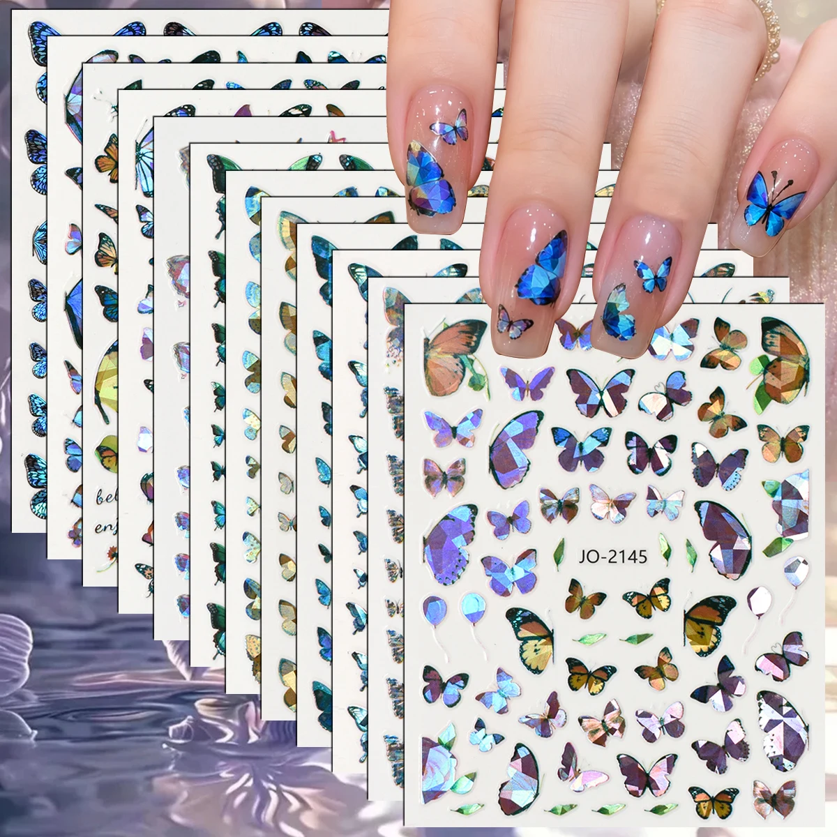 3/6/12 Sheets 3D Holographic Butterfly Nail Decals Blue Purple Crystal Effect Self-Adhesive Y2K DIY Manicure Nail Art Stickers