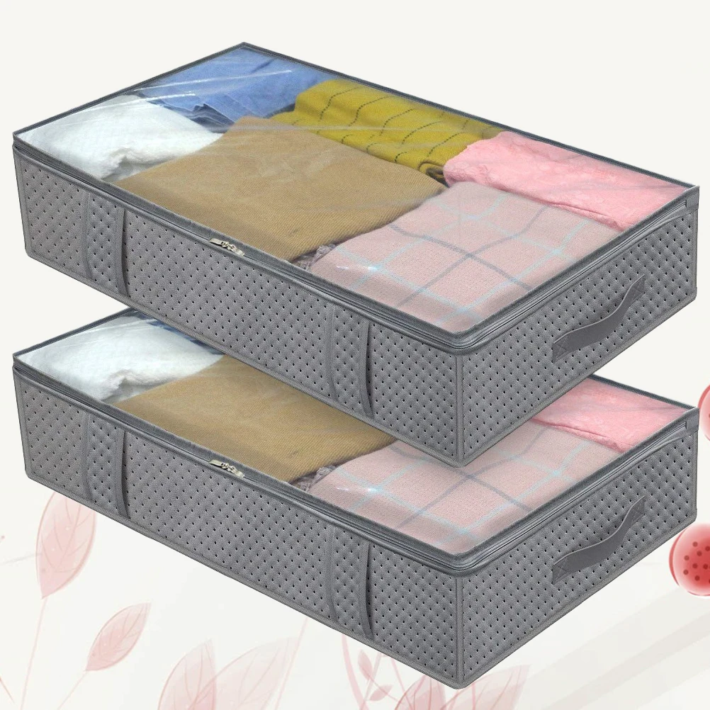 

2pcs Thickened Non-Woven Storage Box Home Large Capacity Clothes Quilt Organizer Window Handles Luggage Bag Container Dark Grey