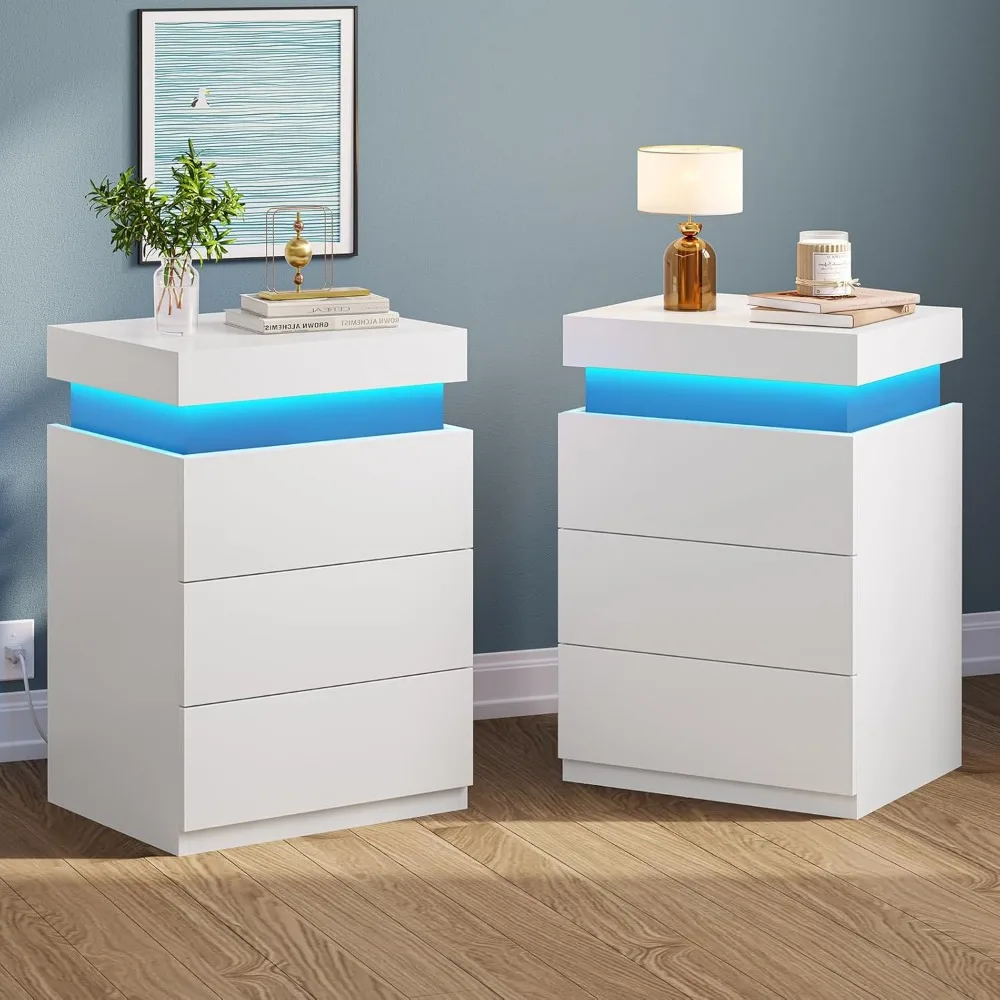 

LED Nightstands Set of 2,Night Stands for Bedrooms Set of 2,Nightstand with Charging Station and Sliding Top,Bedside Tabl