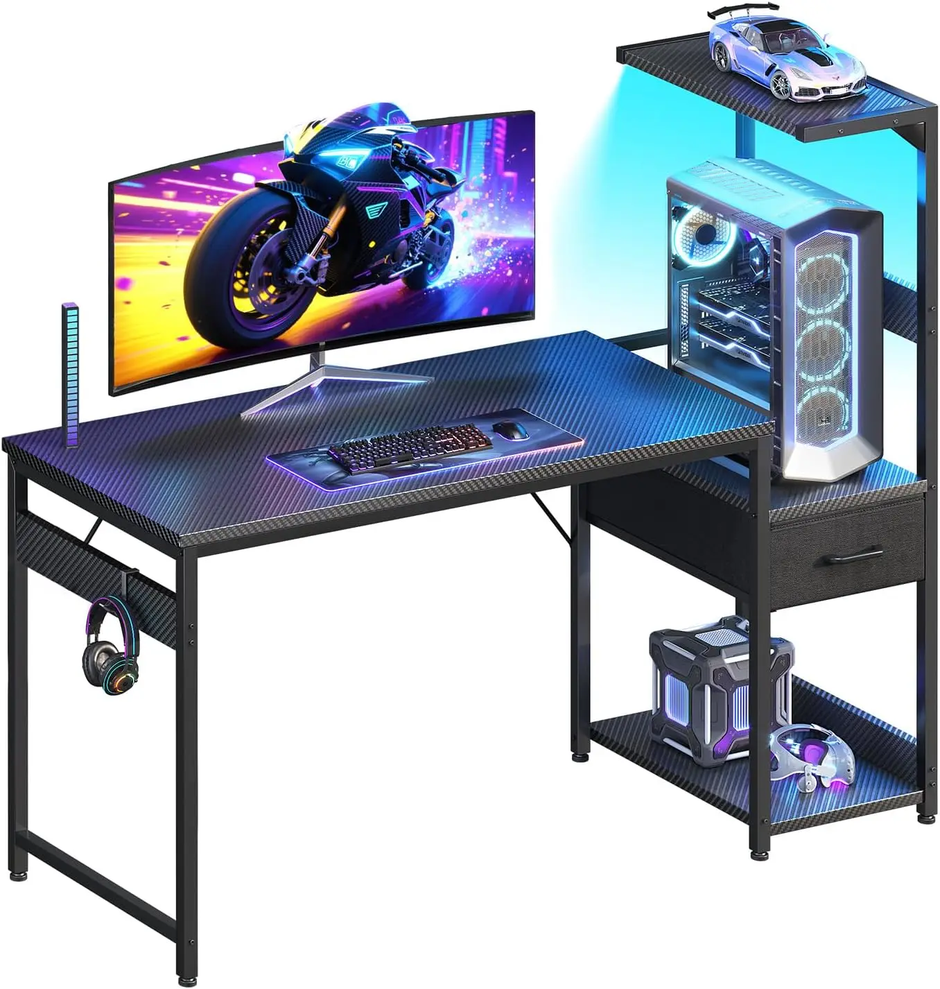 48-Inch Gaming Desk with LED Lights, Storage Shelves & Headphone Hook, Reversible Carbon Fiber Black Modern Design