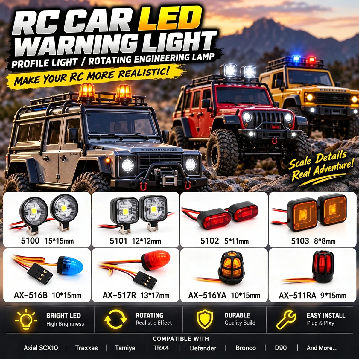 RC Car LED Warning Light Profile Light Rotating Engineering Lamp for 1/10 1/14 Axial SCX10 Traxxas Tamiya TRX4 Defender Bronco