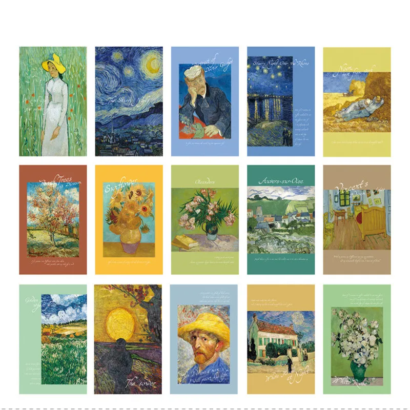 Tarjeta de felicitación de pintura al óleo de Van Gogh, obra de arte creativa de bendición de Navidad, carta de invitación, 15 hojas por lote