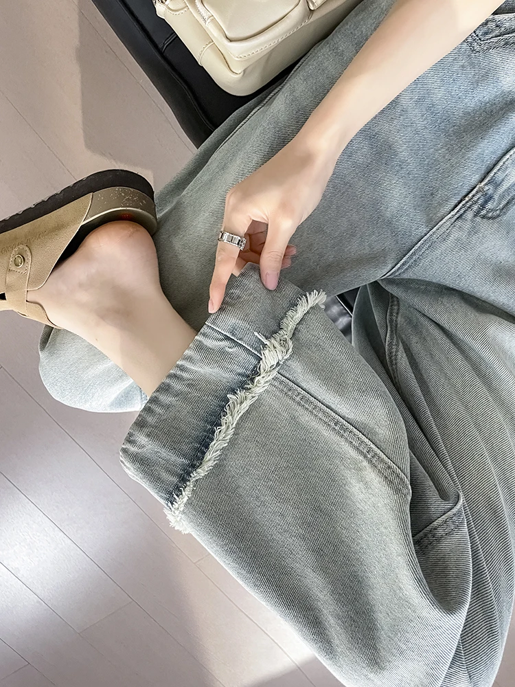 Jean d'été pour femmes, jambes larges, ample, longueur cheville, pantalon, mode coréenne, Streetwear, délavé, couleur bleue, Wh7, 2024