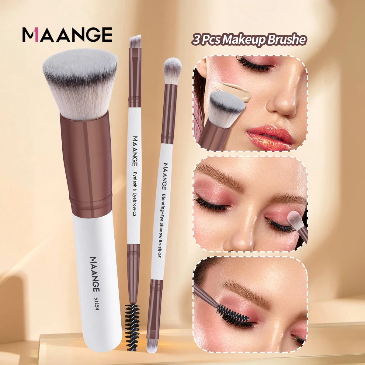 MAANGE-Juego de brochas de maquillaje de 3 piezas, pinceles para base de maquillaje, pincel para cutis, crema, sombra de ojos, regalo para el día de la madre, esposa, mujer