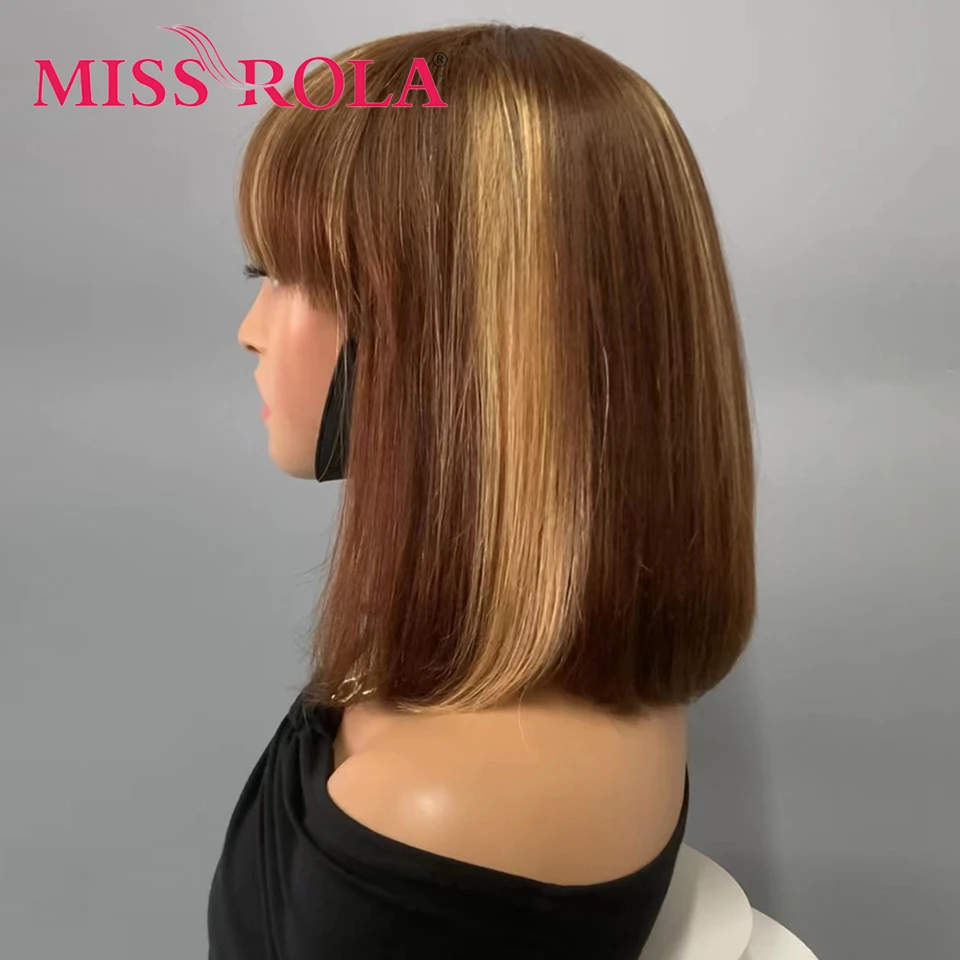 MISS ROLA Hair 10A Grade Brazilian Short Bob Human Hair Wigs Whole Machine Made Straight Bob Wig With Bangs Remy 180% Density