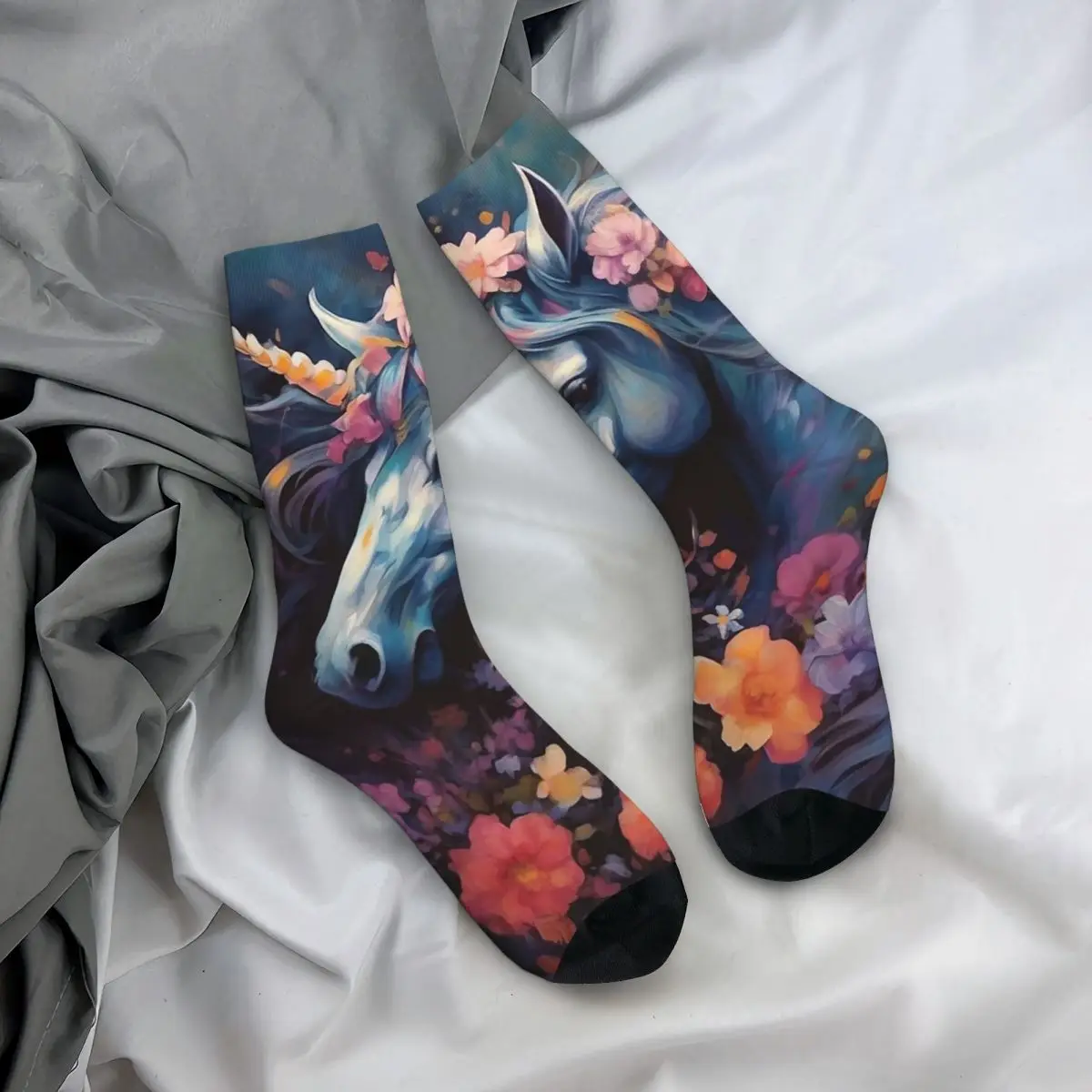 

All Seasons Crew Stockings Blue Unicorn And Flower Mane Print Socks Crazy Long Socks Accessories for Men Women Birthday Present