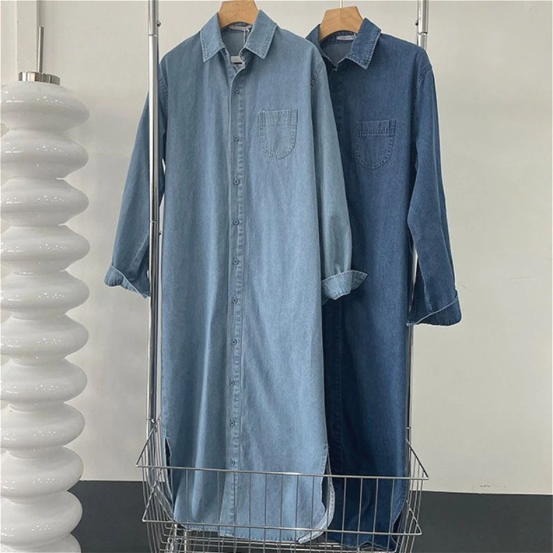 

Women Dresses Denim Dress Solid Pocket Turn Down Collar Long Sleeve Ankle Length Single Breasted Casual Loose 2026 Spring Autumn