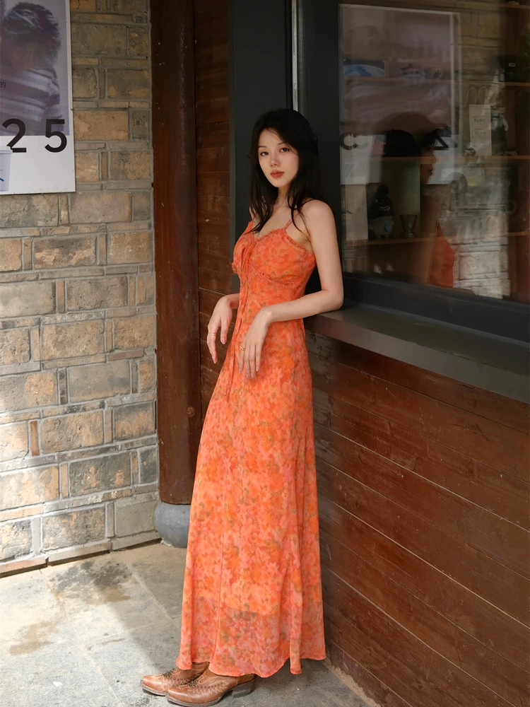 

New Chinese Sle Holiday Strap Dr Small Cysanthemum River Chestnut Orange Evening Gold Skirt Moonfall Autumn Elegance A...