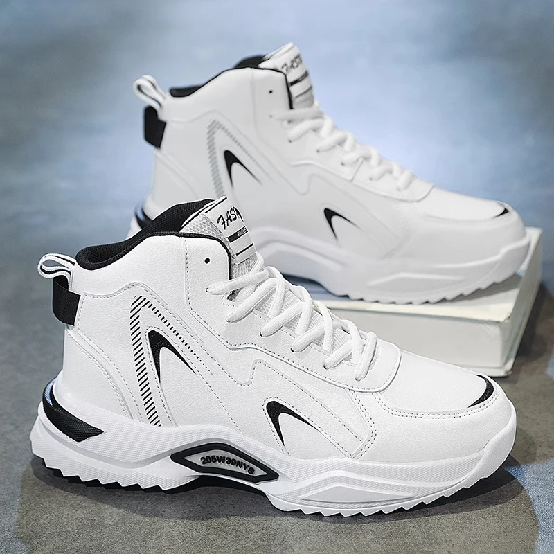 Waterproof Leather High Top Men's Basketball Sports Shoes Winter Thick Bottom Heightening Casual Running Shoes for Students