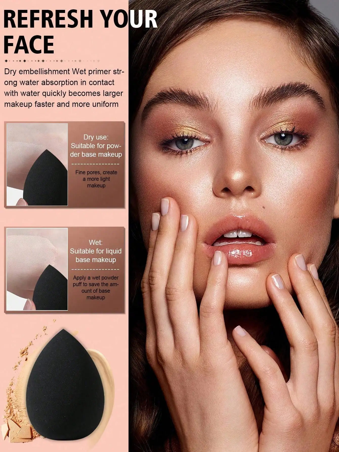 Sortierte schwarze Make-up-Puderquasten, dreieckige Fingerband-Puderquasten & tropfenförmige Schönheitsschwämme, Nass-Trocken-Kosmetikset – Detail 6