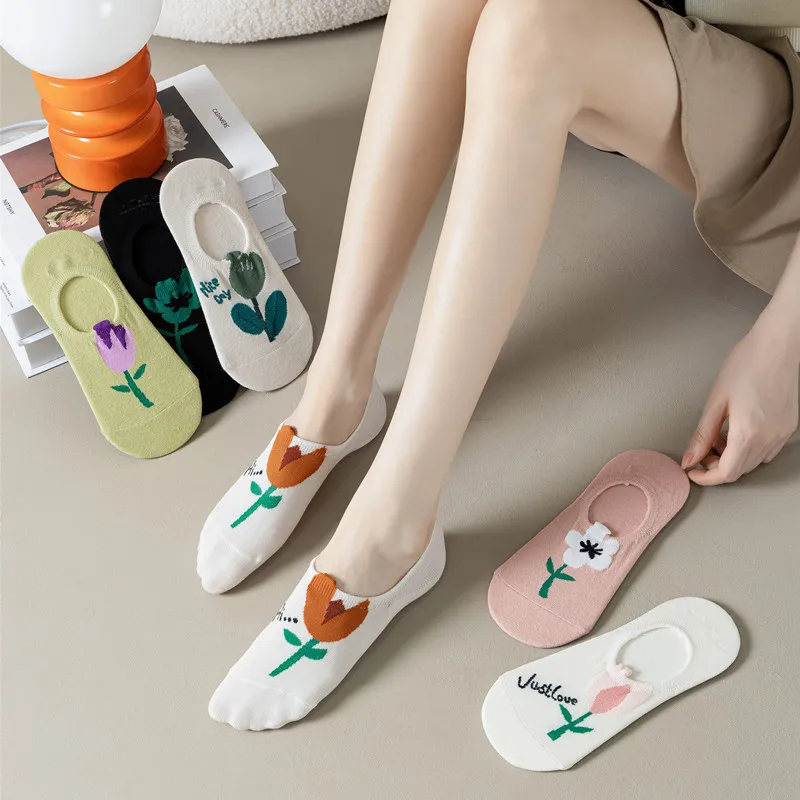 Chaussettes d'été à fleurs pour femmes, 5 paires, fines, respirantes, confortables, en silicone, coordonnantes