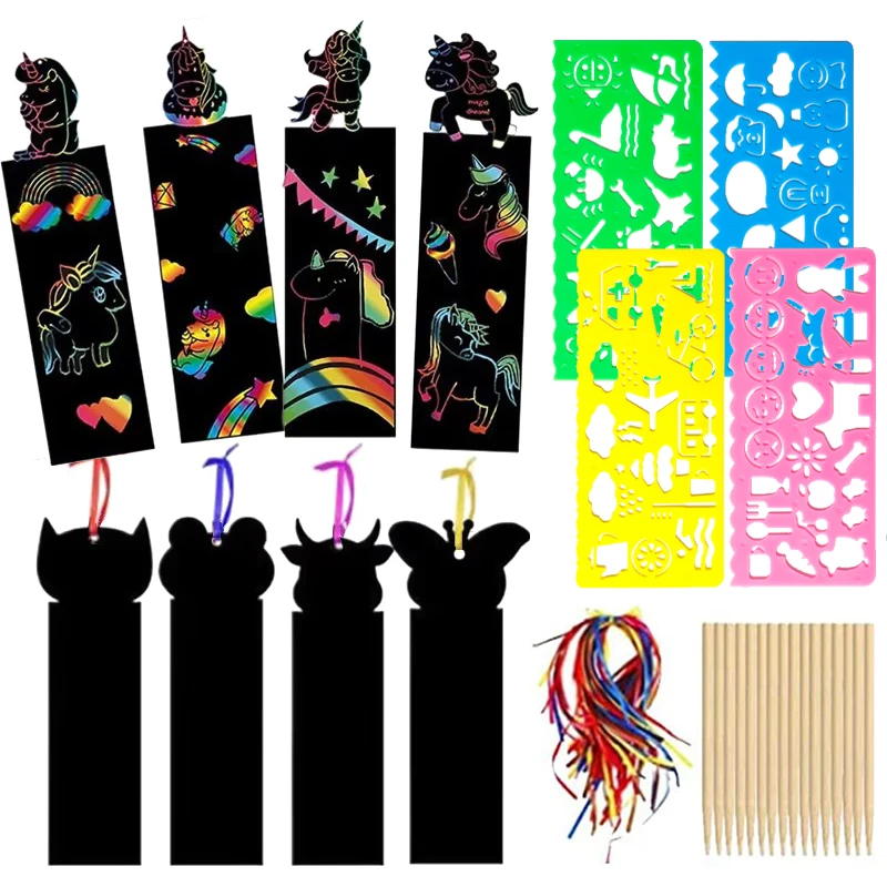 Children Bookmark Scratch Painting Toys with Drawing Template Animal Dinosaur Unicorn Colorful Scratching Paper Kid Gifts TMZ