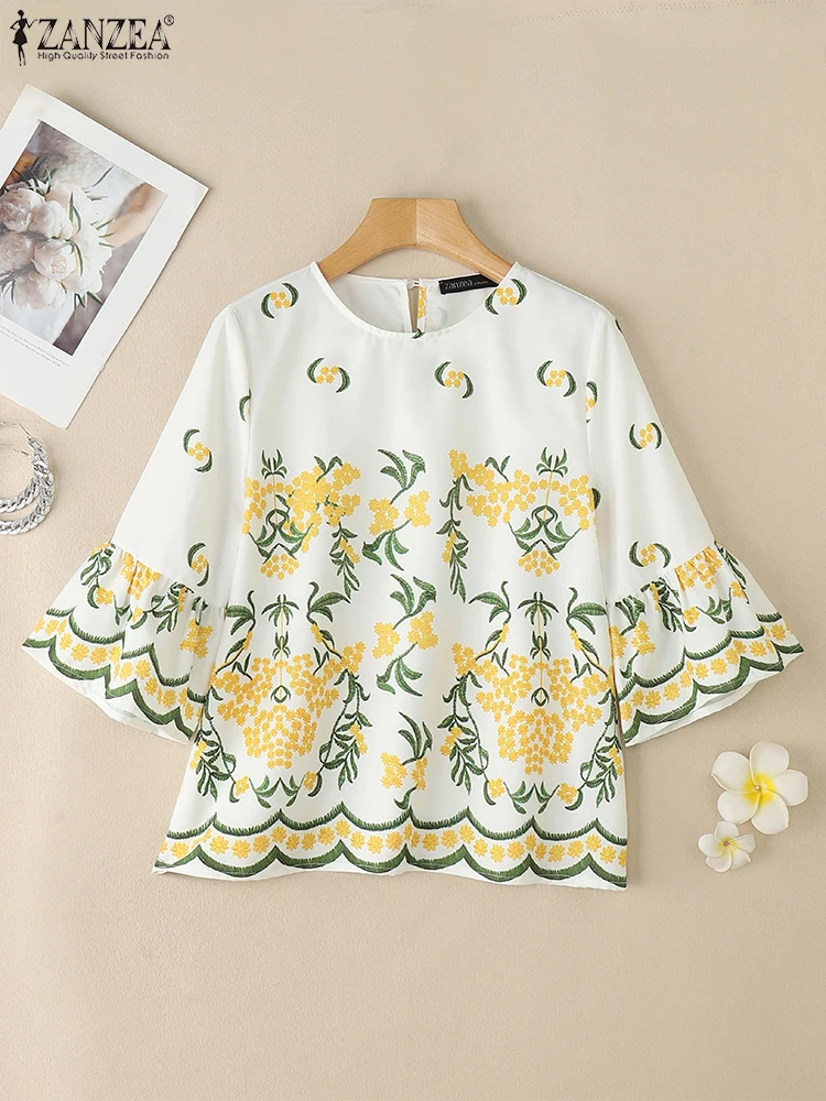

ZANZEA O-Neck Loose Blouses 3/4 Flared Sleeve Floral Print Elegant Casual Tunic Tops Spring Summer Fashion Womens Blusas Mujer
