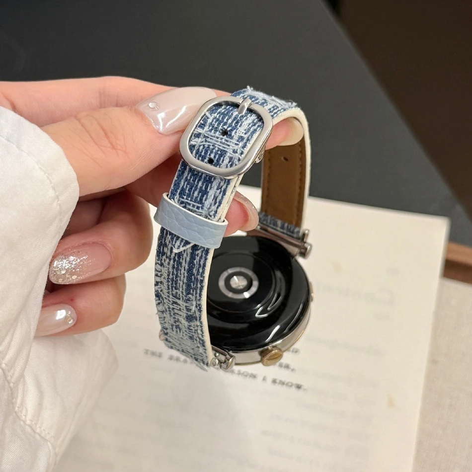 

Ремешки для часов 18/20/22 мм для Samsung Galaxy Watch 8/7/4 6 Classic 5 Pro, квадратный металлический джинсовый кожаный ремешок для Amazfit Bip/GTS GT2