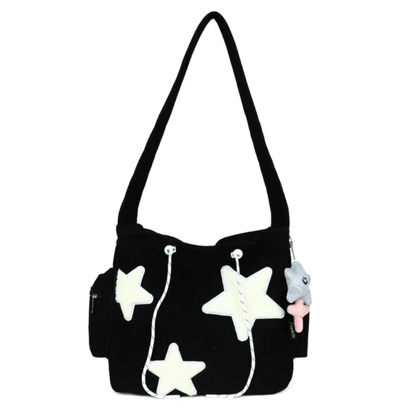 

Girls' Star Printed Shoulder Bag Stylish Corduroy Crossbody Saddle Handbag with Pendant Perfect for Daily Outings