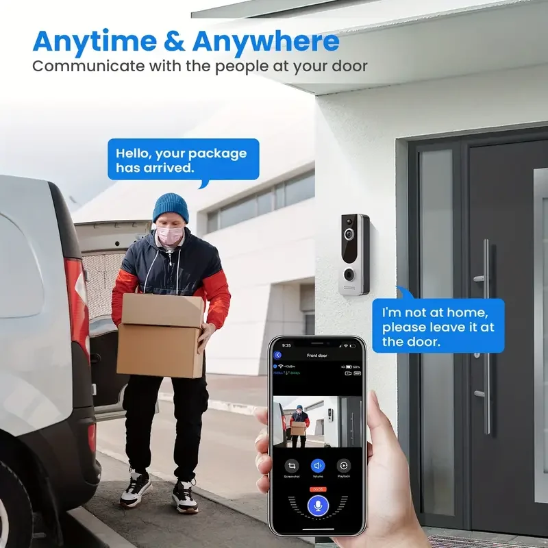 Câmera de campainha de vídeo inteligente wifi com campainha, campainha sem fio, interfone de áudio 2 vias, visão noturna, detecção humana inteligente ai