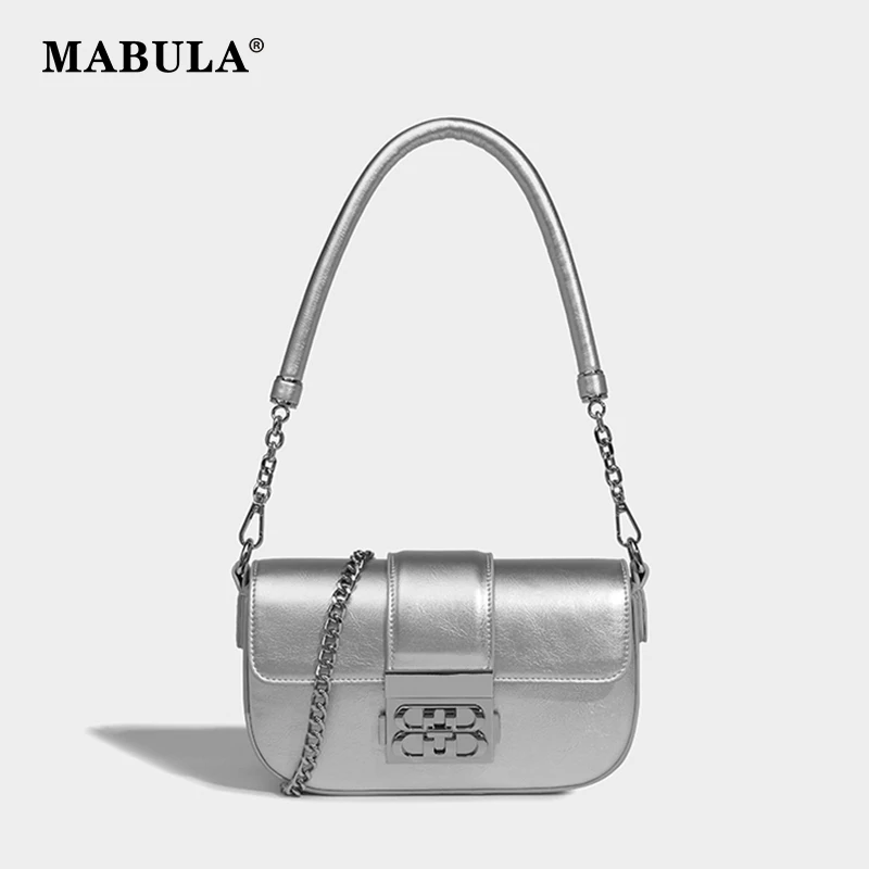 

MABULA Luxury Design Silver Women Shoulder Bags Fashion Flap Phone Purses Chain Strap Crossbody Bag Casual Tote Handbags