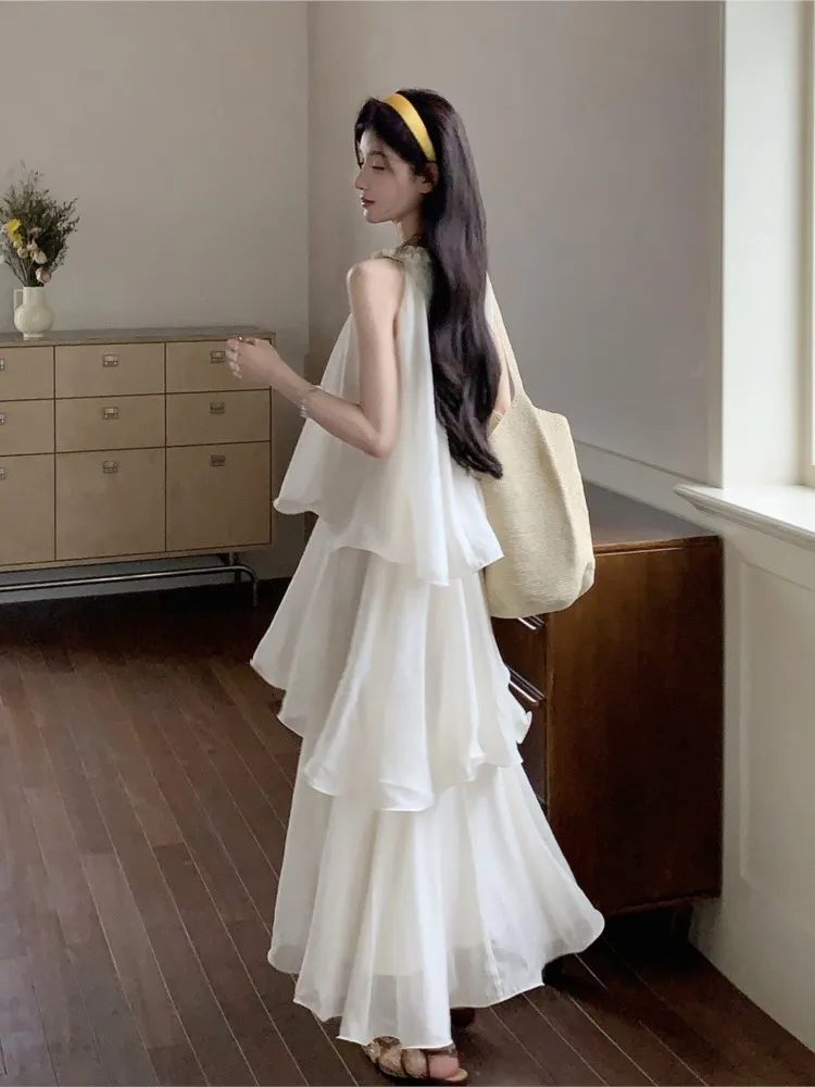 

A new stunning and elegant cake-shaped long dress with vacation-style neckline