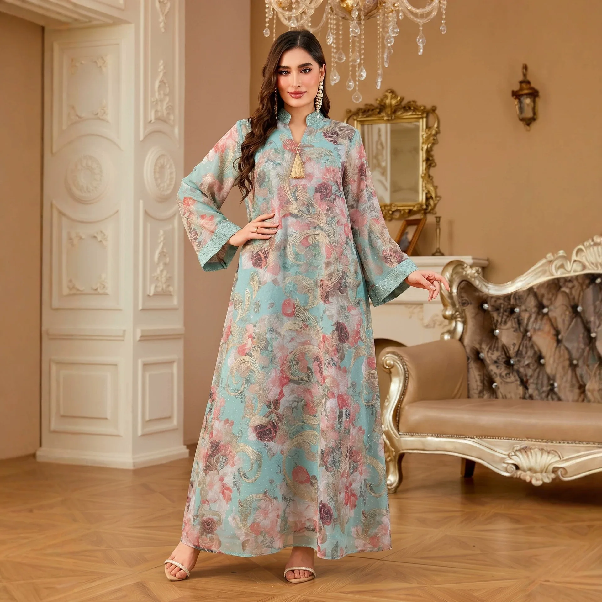 

New Summer Fashionable Tulle Printed Embroidered Dress With Pendant Loose Long Dress For Women Dubai Luxury Islam Elegant