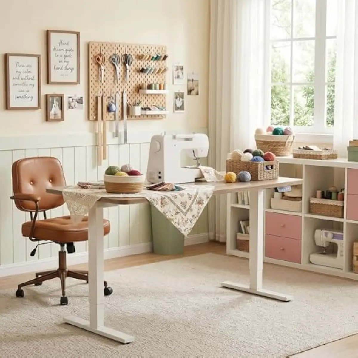 Electric Height-Adjustable Crafting Desk • 63 Inch Wide x 24 Inch Deep Maple-Finish Work Surface • Dual Memory Presets • 28.3 to