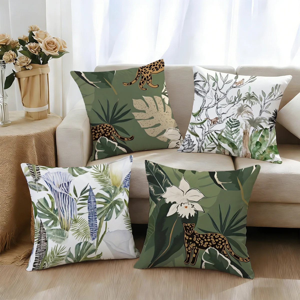 Juego  4 fundas  almohada, funda  almohada corativa bohemia con hojas  bosque - Decoración con elementos  hoja  pa