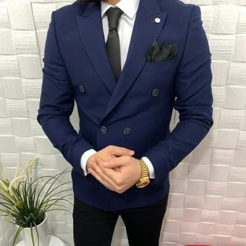 

Blue Jacket Black Pant Double Breasted Elegant Men Suits Casual Slim Fit Blazers High Quality Custom 2 Piece Set Costume Homme