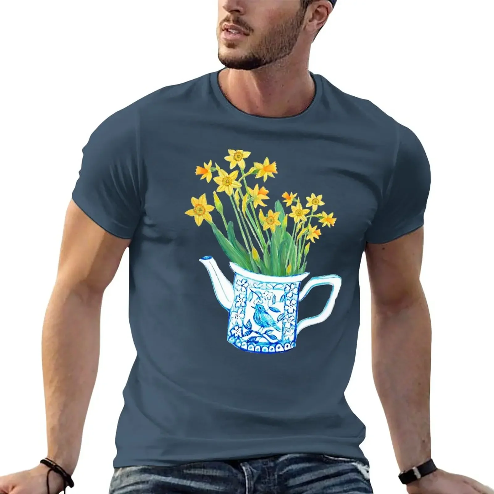 

Daffodil watercolor in blue and white teapot T-Shirt summer top quick-drying mens champion t shirts