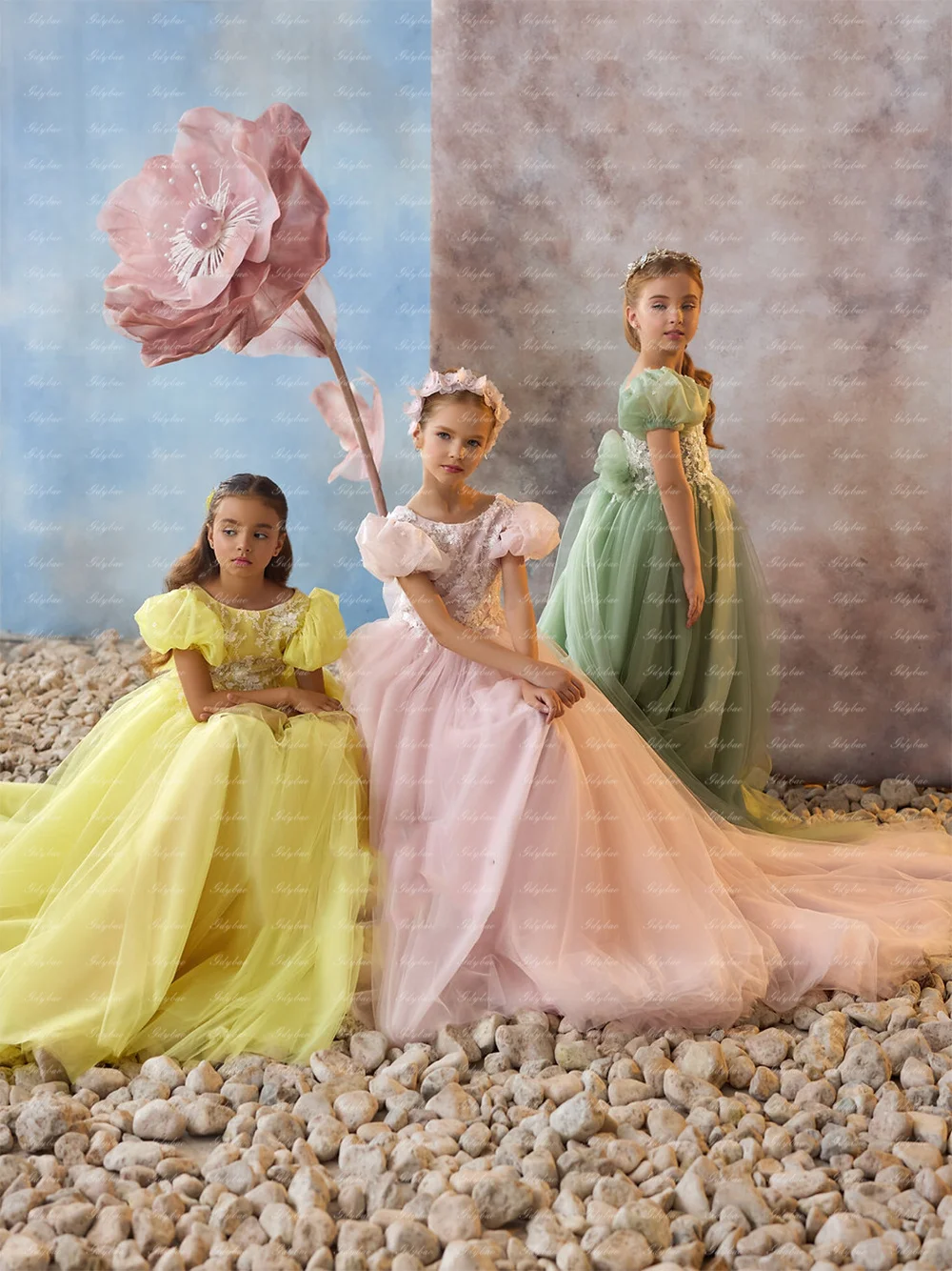 Flower Girl Dress Tulle Puffy Applique Short Sleeve Ball Gowns for Wedding Kid Piano Performance Birthday Party Dress Customized