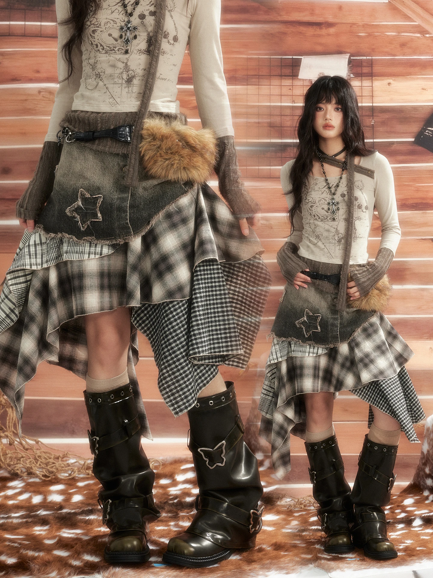 

Original ALL iNplan High Waist Waed Denim Patchwork Asymmetrical Midi Skirt for Women Furry Chain f Skirt Loose Fit