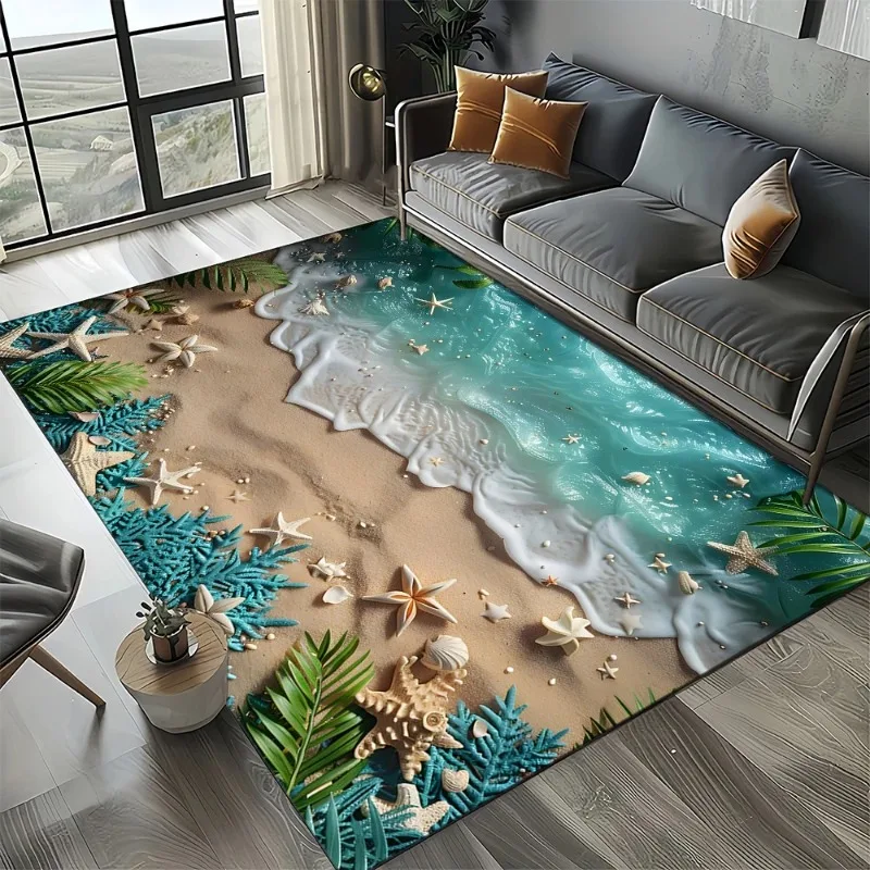 2025 Starfish Beach Shell Carpet Coastal Theme Rug for Living Room and Bedroom Non-Slip Floor Mat for Kids Decorative Sofa Mat