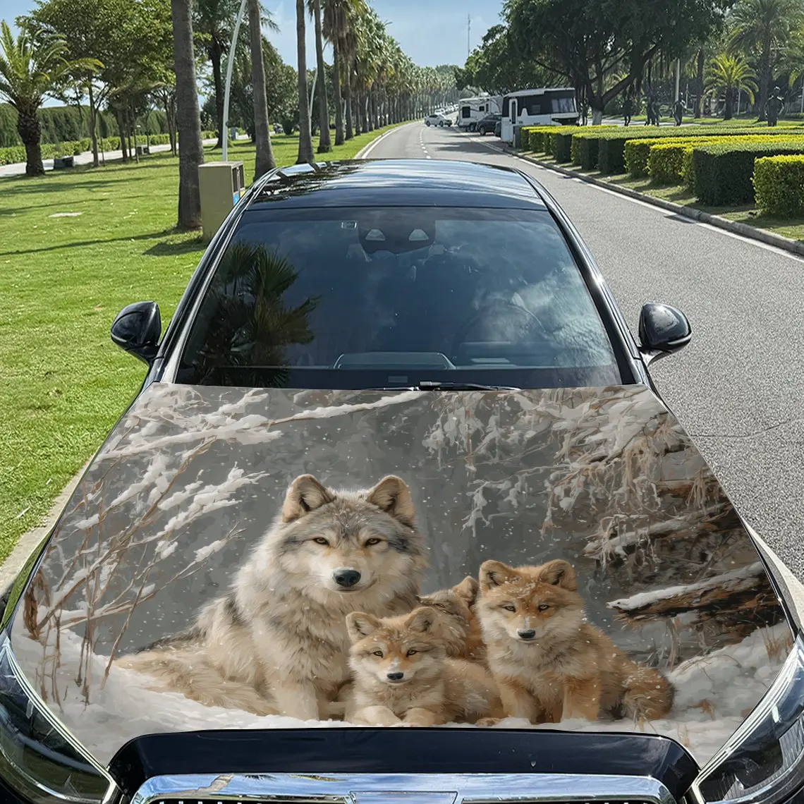 Realistic Wolf Pack in Snowfield Print car hood stickers, waterproof self-adhesive, scratch resistant, easy to stick, durable ca