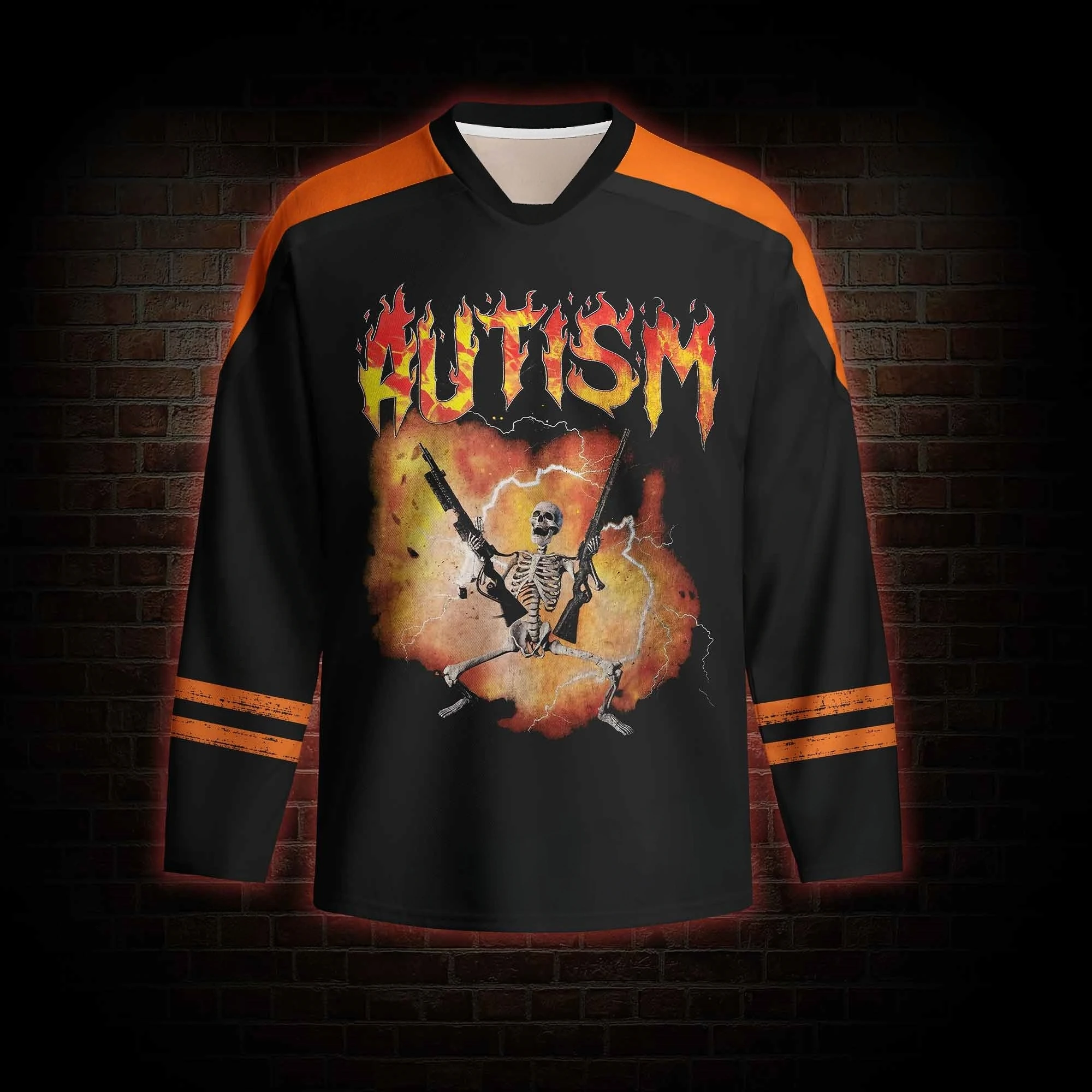 2026 Vintage Death Metal Skeleton Graphic Long Sleeve Hockey Jersey, Rock Streetwear Top, Explosion Flames Festival Party Outfit