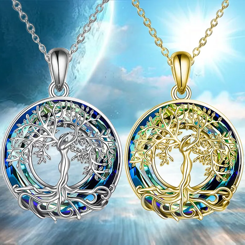 Fashion Life Tree Necklace Round Crystal Pendant Engagement Necklaces for Women Life Tree Jewelry Birthday Anniversary Gift