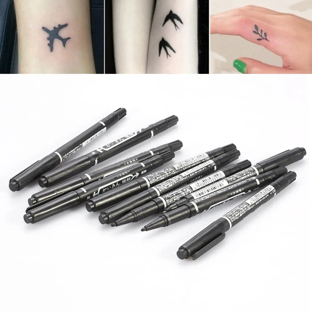 10 Stuks Zwart Dual-Tip Tattoo Skin Marker Pen Piercing Body Positionering Markering Tools Tattoo Permanente Make-Up Accessoires Benodigdheden