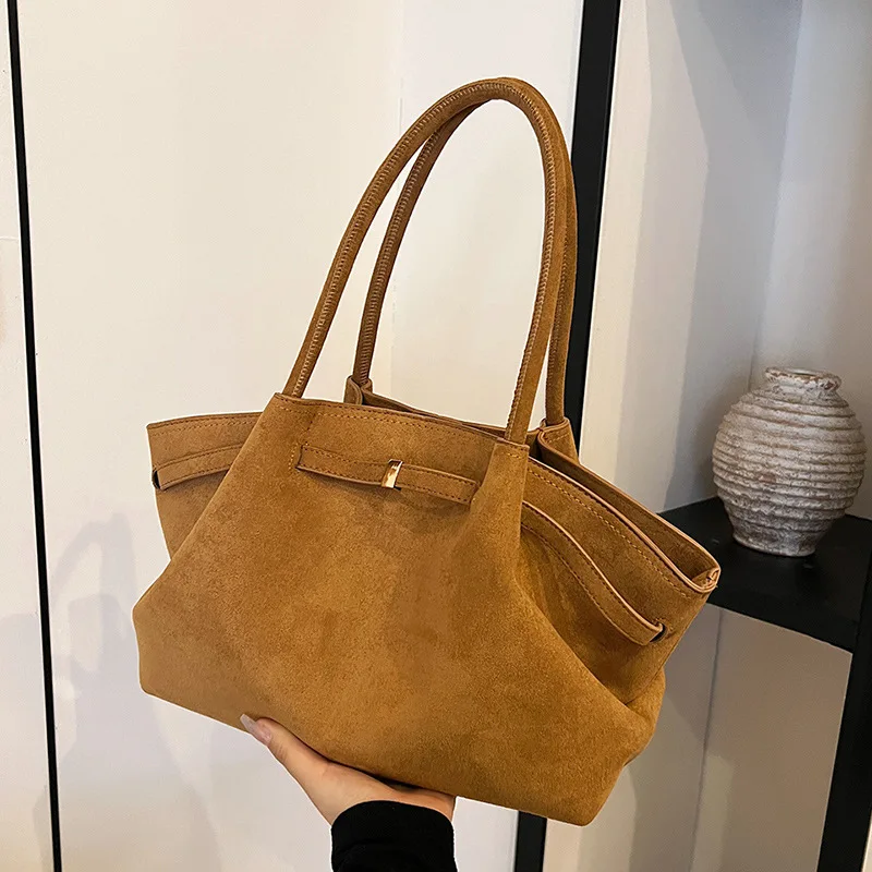 Faux Suede Soft Shoulder Tote Bag Women Solid Color Minimalist Metal Buckle Large Capacity Office Work Daily Shopping Top Handba