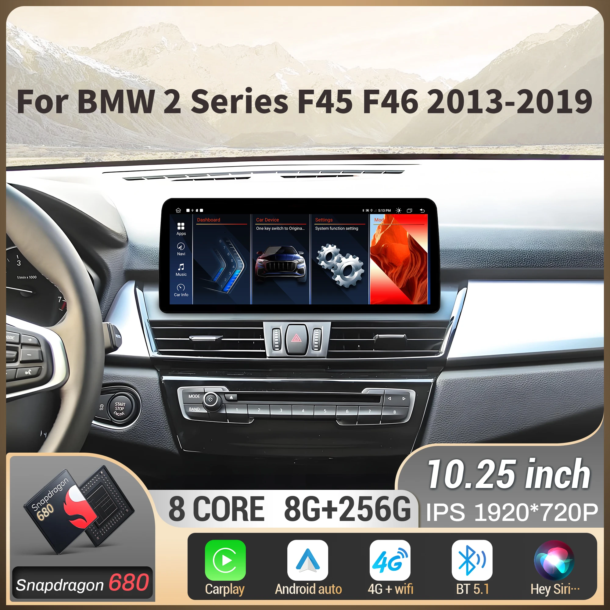 

10,25-дюймовый 4G для BMW 2 серии F45 F46 2013 2014 2015-2019, автомобильный радиоприемник, беспроводной Bluetooth Carplay, экран головного устройства Snapdragon 680