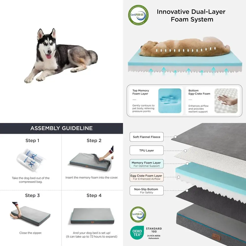

Large Orthopedic Dog Bed with Removable Cover, Nonskid Base, Plush Fleece Top for Large Dogs - Grey