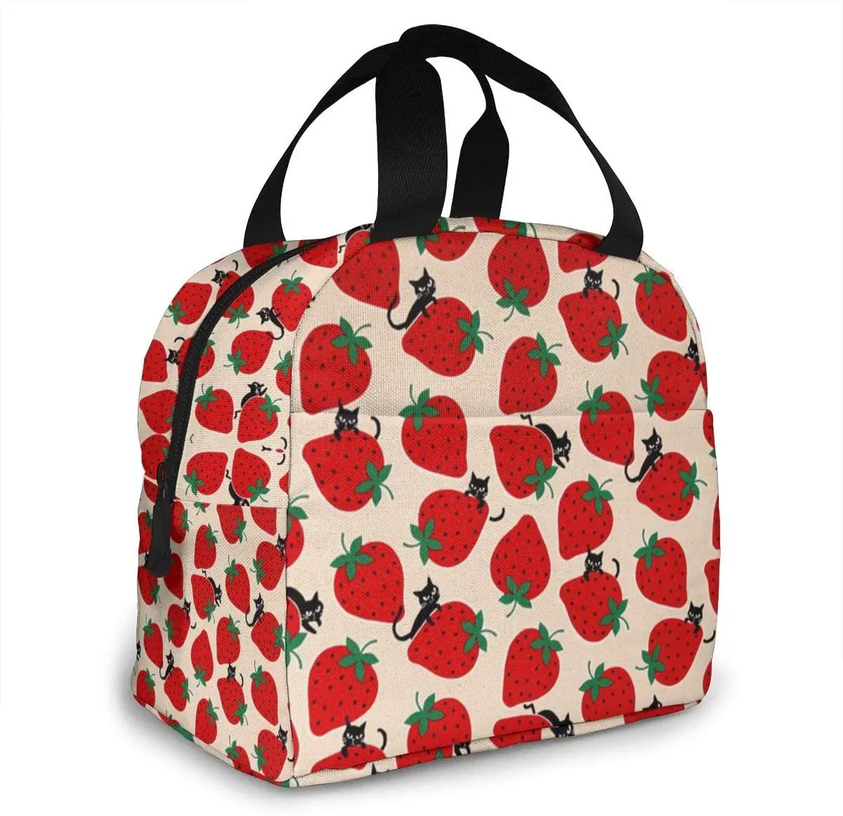 Black Cat On Red Strawberry Lunch Bag per donna ragazze bambini borsa da Picnic isolata Thermal Bento Prep Cute Bag Lunch Box Camping