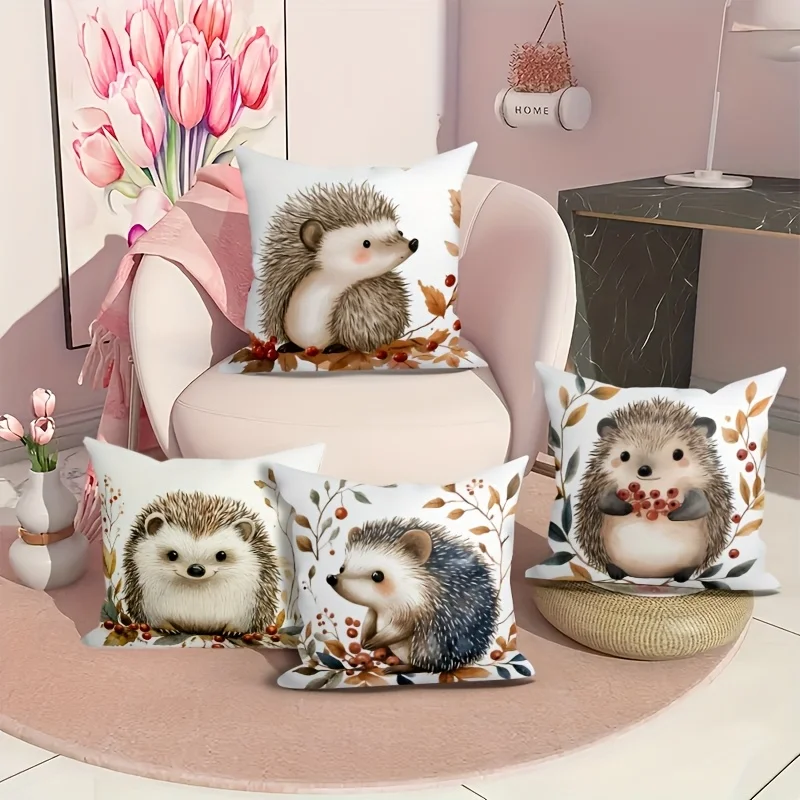 1PC 2D Flat Cute Watercolor Hedgehog Autumn Throw Pillow Covers Fall Botanical Cushion Cases Non-real Embroidery