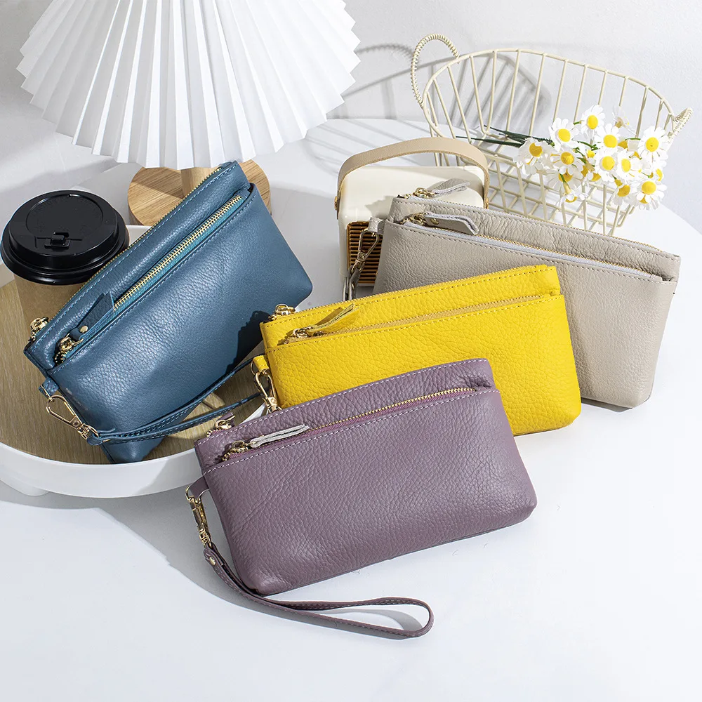 2026 Soft Genuine Leather Long Wrist Clutch Bag for Women, Urban Minimalist Pebbled Leather Zipper Long Wallet Large Capacity