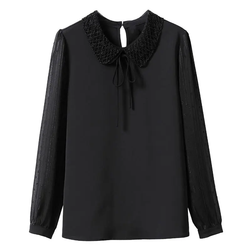 Casual Peter Pan Collar Chic Embroidered Flares Shirt Female Solid Color Spring Autumn Chiffon Spliced Korean Drawstring Blouse