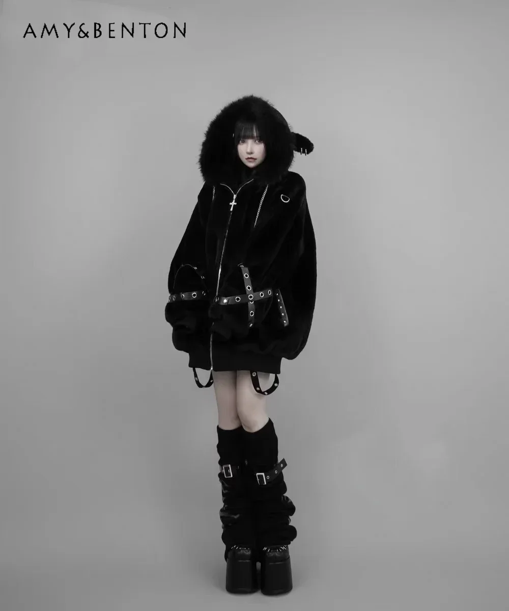Harajuku Mine Series Sweet Cool Plush Coat Women Autumn Winter Subculture Punk Cute Lamb Ears Hooded Thickened Oversized Coat